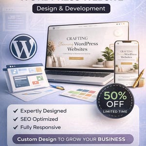 May include: Digital advert for custom WordPress website design and development. The image shows a laptop, smartphone, and tablet displaying website mockups, with a 50% off limited-time offer. Text includes "Expertly Designed" and "SEO Optimized."