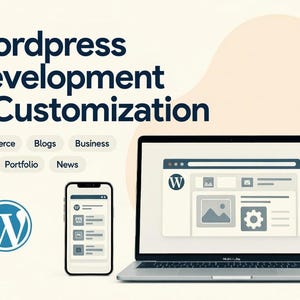 Op de afbeelding: Een laptop en smartphone tonen een WordPress website-interface. De afbeelding bevat de tekst "Wordpress Development & Customization" en pictogrammen voor E-commerce, Blogs, Business, SaaS, Portfolio en News. Er is ook een WordPress-logo aanwezig.
