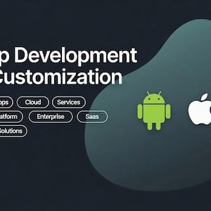 May include: An image advertising app development and customisation. The text reads "App Development & Customisation" with keywords such as "Mobile Apps" and "Cloud." An Android robot and Apple logo are shown.