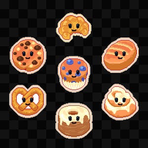 Könnte beinhalten: Eine Sammlung von Pixel-Art-Aufklebern mit Backwaren, darunter ein Croissant, ein Keks, ein Muffin, ein Brotlaib, eine Brezel, ein Donut und eine Zimtschnecke. Jedes Objekt hat ein lächelndes Gesicht und einen weißen Rand, vor einem schwarz-grau karierten Hintergrund.