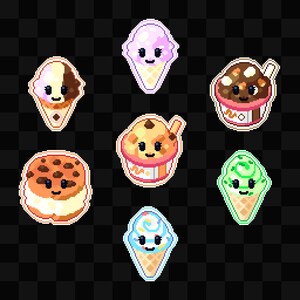 Könnte beinhalten: Eine Sammlung von Pixel-Art-Eiscreme-Leckereien, darunter Eistüten und Eisbecher. Die Eissorten sind vielfältig, mit Farben wie Rosa, Braun, Grün und Blau. Jede Leckerei hat ein lächelndes Gesicht, was ihnen ein niedliches und verspieltes Aussehen verleiht. Der Hintergrund ist ein Schachbrettmuster.