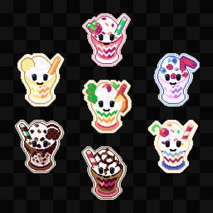 Könnte beinhalten: Pixel-Art-Bild von sieben bunten Milchshakes mit verschiedenen Toppings, darunter Erdbeeren, Zitronenscheiben und Schokolade. Jeder Milchshake hat ein einzigartiges Design und ein lächelndes Gesicht, vor einem schwarzen karierten Hintergrund.