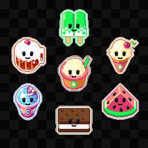Könnte beinhalten: Eine Sammlung von Pixel-Art-Aufklebern mit verschiedenen Desserts. Enthält einen grünen Eis am Stiel, Cupcake, Eiswaffel, Eisbecher, Slushie, Eiscreme-Sandwich und eine Wassermelonen-Scheibe. Jedes Dessert hat ein lächelndes Gesicht.