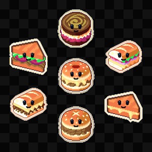 Könnte beinhalten: Pixelige Essensaufkleber mit verschiedenen Artikeln, darunter Sandwiches, Burger und Gebäck. Die Aufkleber haben einen weißen Rand und einen schwarz-grauen karierten Hintergrund. Jeder Essensartikel hat ein lächelndes Gesicht.