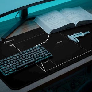 Peut inclure: Tapis de bureau noir avec un diagramme, un clavier mécanique et un livre ouvert. Une calculatrice et un pied à coulisse sont également présents. Le clavier a un rétroéclairage vert. Le diagramme comprend les mots "Stress" et "Strain".