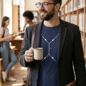 May include: A man wearing glasses, a dark gray blazer, and a navy blue t-shirt with a white diagram. He holds a beige mug and a brown leather satchel. A large book is in his other hand. The setting is a library.
