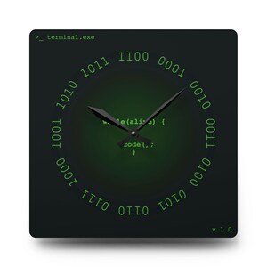 Programmer Wall Clock | Binary Code Decor | Computer Science Gift | Software Engineer Office | Retro Terminal Style | Square Acrylic Clock image 5