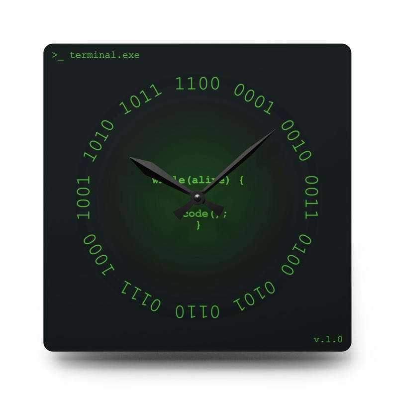 Programmer Wall Clock | Binary Code Decor | Computer Science Gift | Software Engineer Office | Retro Terminal Style | Square Acrylic Clock image 5