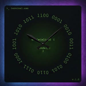 May include: Square wall clock with a dark green face, featuring binary code numerals and text. The clock hands are black, and the text "terminal.exe" is at the top. The clock has a neon blue and purple border.