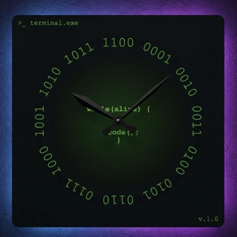 Programmer Wall Clock | Binary Code Decor | Computer Science Gift | Software Engineer Office | Retro Terminal Style | Square Acrylic Clock image 1