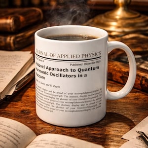 Może przedstawiać: Biały kubek wypełniony parującą czarną kawą, z tekstem z "Journal of Applied Physics". Kubek stoi na drewnianej powierzchni z otwartymi książkami i długopisem, tworząc akademicką atmosferę.