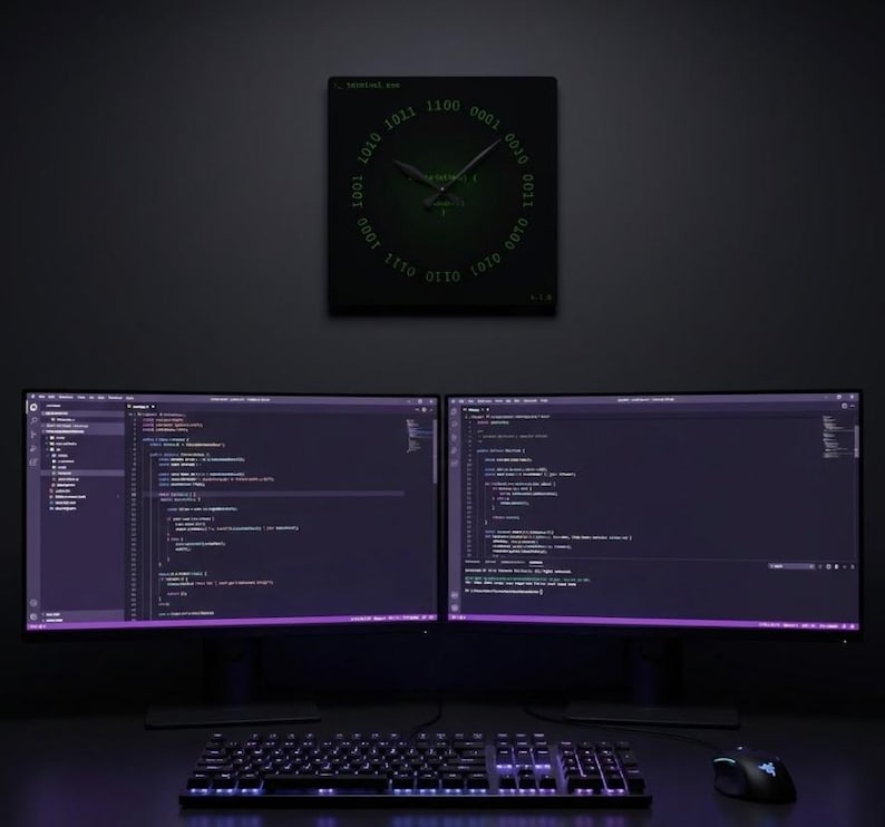 Programmer Wall Clock | Binary Code Decor | Computer Science Gift | Software Engineer Office | Retro Terminal Style | Square Acrylic Clock image 3