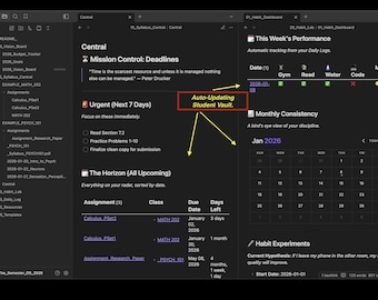 Ultimate Student Obsidian Vault Template | Automated Assignment Tracker, Cornell Notes, Habit Heatmap & Grade Calculator | Digital Download