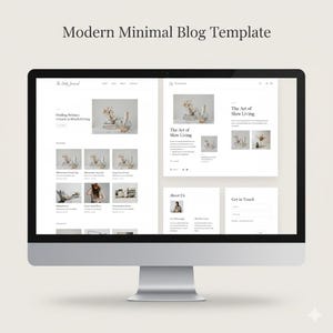 May include: A computer monitor displays a website template with the text "Modern Minimal Blog Template." The website design features a clean, minimalist aesthetic with a white background and simple layouts. The website includes sections for articles and contact information.