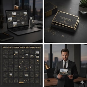 May include: A collection of images showcasing real estate branding templates. Includes a laptop, smartphone, and tablet displaying design concepts. Business cards with gold accents and the text "JOHNATHAN PRICE" are also featured.