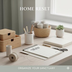 May include: A light-toned wooden desk with various home organization items. Includes bamboo boxes, a pen holder with pens, a notepad, scissors, a succulent, and a woven basket. The text "HOME RESET" and "ORGANIZE YOUR SANCTUARY" are visible.