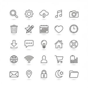 Può includere: Una collezione di 24 icone in bianco e nero, tra cui una lente d'ingrandimento, un ingranaggio, un caricamento su cloud, una nota musicale, una fotocamera, un cestino, una matita, un calendario, un cuore, un orologio e altro.