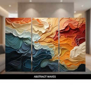 May include: Triptych wall art featuring abstract wave designs in shades of blue, white, orange, and red. The artwork has a textured, three-dimensional appearance. The text "ABSTRACT WAVES" is displayed at the bottom.