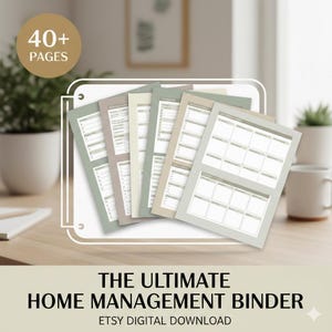 May include: A collection of home management binder pages in pastel shades of green, beige, and grey. The pages are arranged on a wooden surface. The image text reads "THE ULTIMATE HOME MANAGEMENT BINDER" and "40+ PAGES".