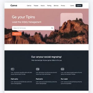 May include: A website design with the Canva logo at the top. The page features text that reads "Ge your Tipins" and "Lest the Sripky Hanagement." A search bar and a button labeled "Sefle tony" are also visible. The background includes a mountain landscape.
