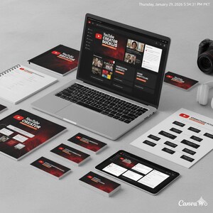 May include: A laptop, tablet, and printed materials with a YouTube Creator theme. The laptop screen displays the text "YouTube Creator Bocklis" and a website interface. Business cards and a notebook are also present, all with the YouTube logo.