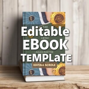 Op de afbeelding: Een stapel boeken, het bovenste boek met de tekst "Editable EBOOK TEMPLATE" op een groene kaft met gouden versieringen. Het onderste boek heeft een witte kaft. Op een houten oppervlak.