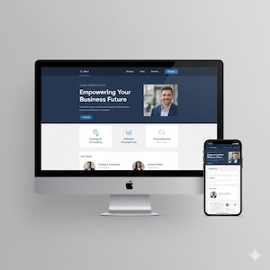 Può includere: Un computer desktop e uno smartphone mostrano un'interfaccia di sito web. L'intestazione del sito web recita "Empowering Your Business Future". Il design utilizza una combinazione di colori blu e bianco con icone e foto. Lo smartphone rispecchia il design del sito web.