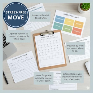 May include: A collection of moving organization tools, including a clipboard with a calendar, color-coded labels, and checklists. The image includes the text "STRESS-FREE MOVE" and tips like "Know exactly what do and when."