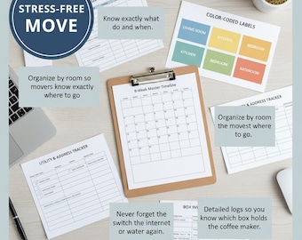Printable Moving Planner Kit, Color Coded Labels (Digital Download)