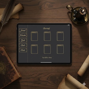 May include: A digital bookshelf interface on a tablet, featuring a dark gray background with gold accents. The screen displays options like "Journal," "Calendar," and "Books." The tablet is surrounded by vintage items, including a quill, scrolls, and a candle.
