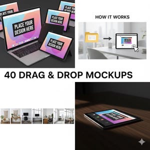 May include: A variety of digital devices, such as a laptop, tablets, and a smartphone, showcasing a design mockup. The text "PLACE YOUR DESIGN HERE" is displayed on the screens. The image also features the text "HOW IT WORKS" and "40 DRAG & DROP MOCKUPS".