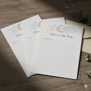Puede incluir: Tres hojas de cartas blancas con el texto "Letters to My Baby" y páginas rayadas. Cada hoja presenta un diseño de acuarela de una luna creciente, estrellas y nubes en suaves colores pastel. Para escribir cartas a un bebé.