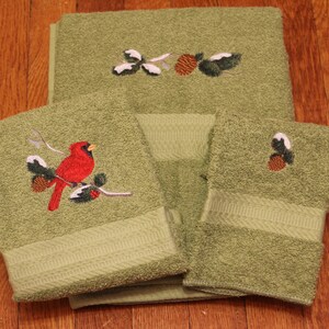 Three Piece Towel Set With Embroidered Cardinal/Pine Tree/Pine Cones