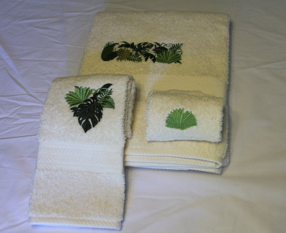 3 Piece Set Of Embroidered Towels Jungle Leaves Design Etsy