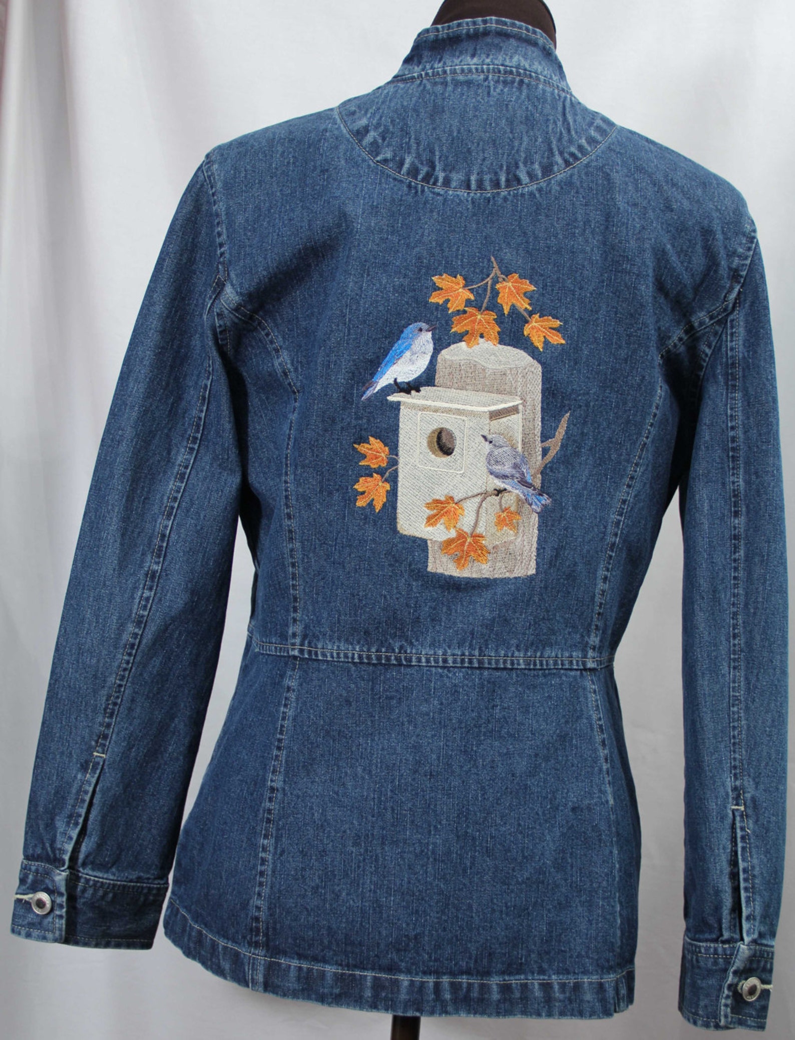 Embroidered Denim Jacket Woman's Small Birdhouse With Bluebirds and