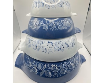 Vintage Pyrex Cinderella Mixing Bowls, Colonial Mist, Set of 4, (441-444)