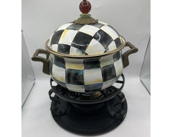 MacKenzie-Childs Courtly Check Keramik Fondue Topf Set Deckel & Ständer