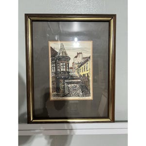 Vintage Original Etsning 7/100 Signerad Europeisk Gatubild Inramad Konst
