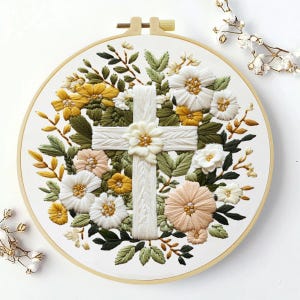 Floral Cross Embroidery Kit: Beginner Needle Art DIY Craft (15x15cm/20x20cm)