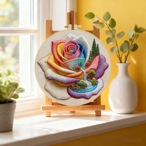 May include: A circular embroidery hoop displays a multi-colored rose with petals transitioning from yellow to pink, blue, and purple. Within the rose, a miniature landscape features a cascading waterfall, a small blue pond, and green trees.