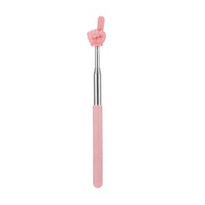 May include: A pink pointing finger back scratcher. The back scratcher has a pink plastic hand with a finger pointing up, attached to a telescoping metal shaft and a pink handle.