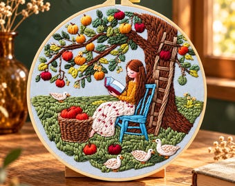 Embroidery Kit for Beginners, Reading Girl Apple Tree Design, Cotton Needlework, Book Lover Gift