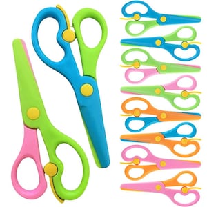 May include: A collection of colorful safety scissors in various shades. The scissors feature rounded tips and are designed with blue, green, pink, and orange handles. Each pair has a yellow pivot point.