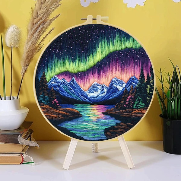 Aurora Embroidery Kit, Northern Lights Cross Stitch, Beginner Needlework Art (20x20cm)