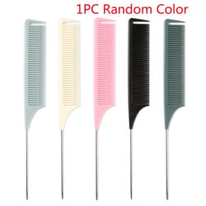 May include: Five hair highlighting combs in various colors: light blue, cream, pink, black, and dark green. Each comb has a fine-tooth design and a metal tail for sectioning hair. The text "1PC Random Color" is at the top.