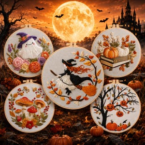 May include: Five circular embroidery hoops featuring Halloween-themed designs: a ghost in a purple hat, a witch on a broomstick, pumpkins on books, red mushrooms, and a tree with hanging jack-o'-lanterns, all set against a light fabric background.
