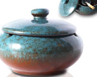 Cenicero de cerámica único con tapa: decoración rústica para fumadores