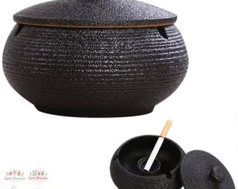 Cenicero negro de lujo, de cerámica con tapa y reposacigarros, regalo moderno para fumadores.