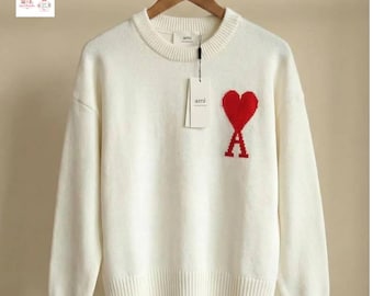 Jersey clásico Ami Paris con diseño de corazón rojo, jersey de punto suave unisex hecho a mano