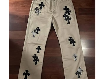 Pantalones caqui con parche cruzado – Pantalones góticos de estilo urbano – Pantalones casuales unisex de pierna ancha